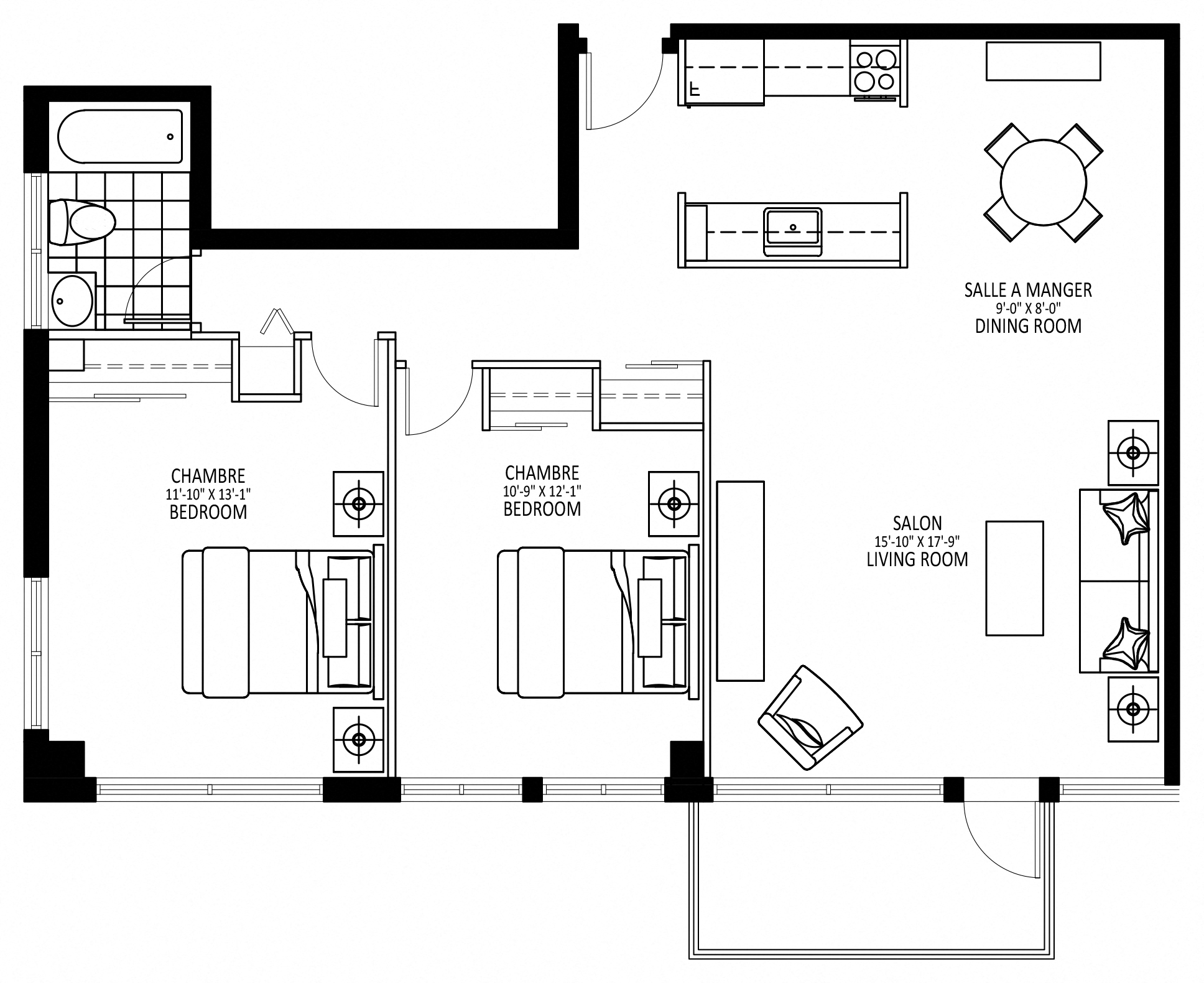 Floor plan for 2 beds, 1 bath, 975 sqft